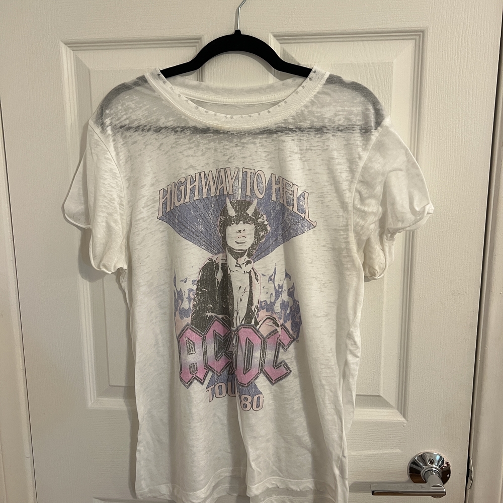 AC/DC 'Highway to Hell' Graphic Tee - White with Pink & Blue Print